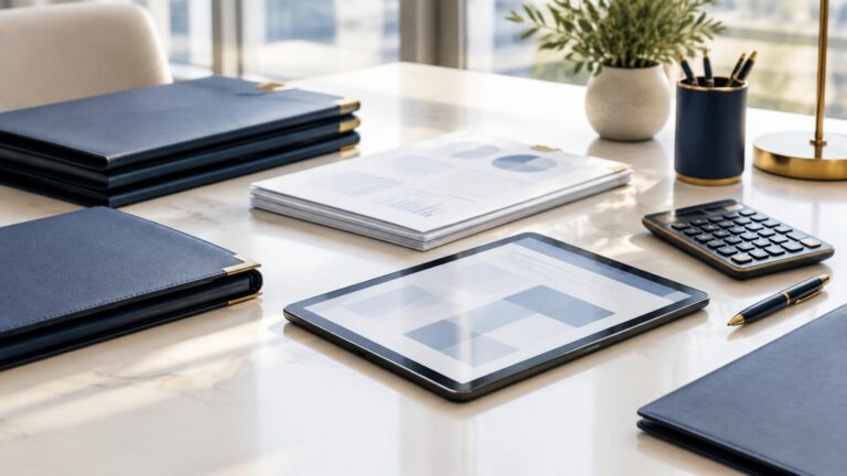 PKD 2025: granatowe teczki, dokumenty i tablet na jasnym biurku