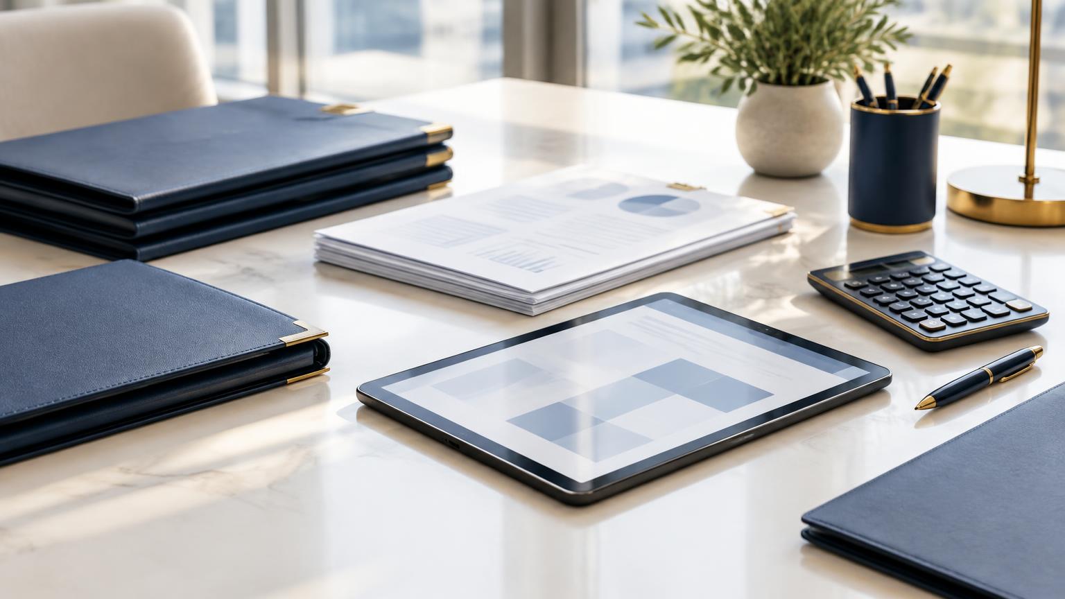 PKD 2025: granatowe teczki, dokumenty i tablet na jasnym biurku