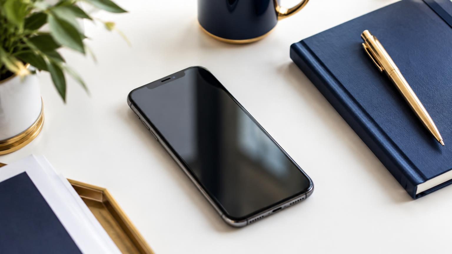 Telefon z wygaszonym ekranem na biurku przedsiębiorcy, obok granatowego notesu i złotego długopisu.